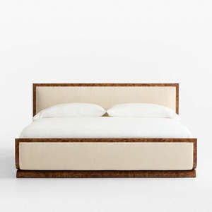 Luxury Burl Wood Veneer Platform Bed with <b>Fluted</b> Upholstered Panels Curved Corner Modern King Size Bedroom Furniture - Product Image 4