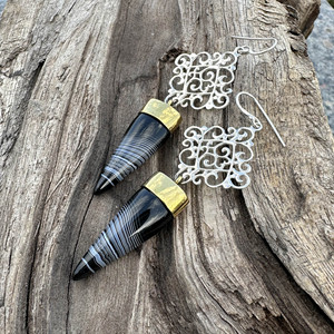 Wholesale Handcrafted 925 Sterling Silver <b>Black</b> Botswana Agate <b>Dangle</b> <b>Earrings</b> Two Tone Mixed Metal Spike Drop <b>Earrings</b> - Product Image 3