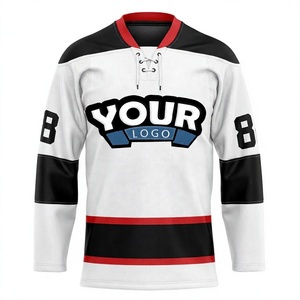 Maillot de hockey sur glace personnalisé pour homme, blanc, noir, rouge, col en V, manches longues, impression sublimée, maille respirante, numéro d'équipe sur le devant, 3D - Product Image 1