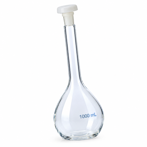 Fiole volumétrique de laboratoire de 1000 ml, classe A, avec bouchon ergonomique en PP et certificat DIN EN ISO 1042 - Product Image 2