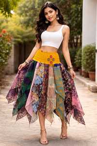 Bohemian <b>Patchwork</b> Ankle-Length <b>Skirt</b> for Women Handmade Saree Silk Festival Hippie Gypsy Summer Beach Wear - Product Image 5