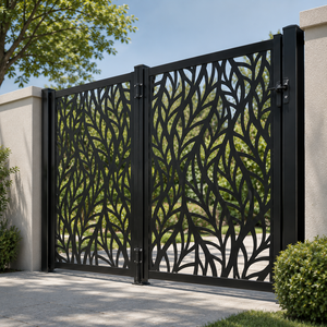 Puerta de jardín metálica moderna con diseño de hojas negras, decorativa, cortada con láser, de seguridad, para entrada de villas, uso exterior, resistente. - Product Image 2