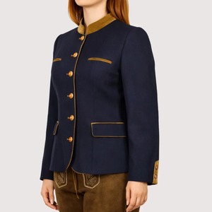 Navy Blue Mandarin Collar Shirt Jacket with Gold <b>Buttons</b> Slim Fit Regular Sleeve Winter Casual Wool Polyester Blend Embroidered - Product Image 2