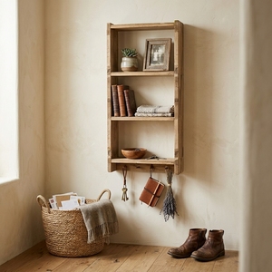 Estante de Exhibición Abierto de 3 Niveles de Madera Maciza para Montar en la Pared, Librería Colgante de Madera con Ganchos Inferiores para Abrigos, Mueble para Entrada y Sala de Estar - Product Image 3