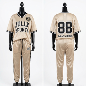 Premium 160 GSM Polyester <b>Mesh</b> Women Tracksuit <b>Set</b> Breathable Beige Black Contrast Custom Print Logo Women's <b>Sets</b> - Product Image 1