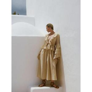 Vestido Maxi Beige Bohemio para Mujer, Largo hasta el Suelo, Cuello en V Profundo, Manga con Volantes, Cintura Natural, Ecológico, de Algodón, para Vacaciones en Resort - Product Image 2