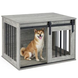 Cuccia per Cani in Legno Grigio da 80 cm con Porta Scorrevole, Tavolino da Interno per Animali Domestici - Product Image 3