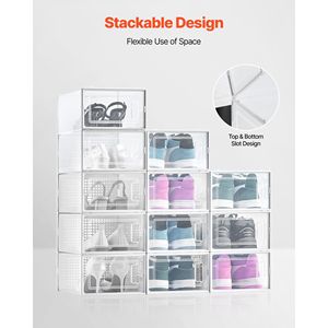 กล่องเก็บรองเท้าแบบซ้อนได้ 12 ชิ้น กล่องพลาสติกแบบโมดูลสำหรับรองเท้าผ้าใบไซส์ 11 ของสหรัฐอเมริกา ดีไซน์ประหยัดพื้นที่ - Product Image 2
