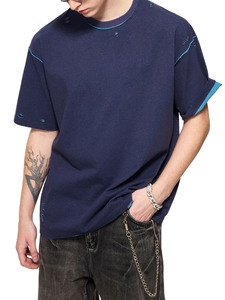 เสื้อยืดโอเวอร์ไซส์สไตล์สตรีทแวร์แบบดิสเทรส ขอบดิบ ผ้าฝ้าย แต่งดีเทลขาดๆ เสื้อยืดแฟชั่นวินเทจ ล้างสีแบบดิสเทรส - Product Image 6