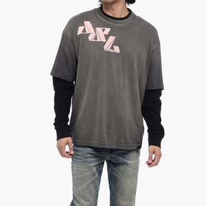 High Quality Double Layer T <b>Shirt</b> Streetwear Distressed Full Print Graphic <b>Flame</b> Sleeves Double Layer Long Sleeve Men's T-<b>shirts</b> - Product Image 1