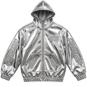 Chaqueta con Capucha de Cuero Sintético para Hombre, con Cierre Completo, Logotipo en Relieve en las Mangas, Estilo Urbano Informal, Ropa de Calle - Product Image 4