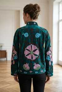 Green Velvet Embroidered Eco-Friendly Cotton Shell Women Bohemian Floral Pattern Stand Collar Open Stitch Full Sleeve <b>Winter</b> - Product Image 2