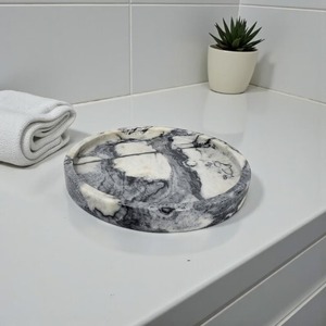 Ensemble de salle de bain en marbre, 2 pièces, distributeur de savon rond, porte-brosse à dents, plateau moderne minimaliste, facile à nettoyer - Product Image 2
