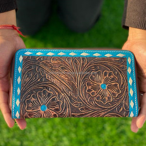Vente chaude Western usiné à la main en cuir de vachette fermeture éclair portefeuille en cuir véritable femmes porte-carte portefeuille Turquoise Cowgirl pochette - Product Image 2