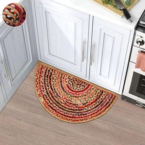 Tapis en jute en forme d'arc-en-ciel, semi-circulaire, en fibres naturelles, avec tresses multicolores audacieuses brodées, idéal pour les entrées, les chambres d'enfants et les mariages - Product Image 1
