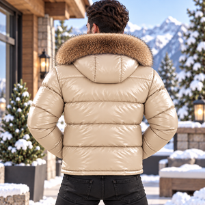 Men's Elegant Premium Leather Puffer Leather Jacket <b>Fox</b> <b>Fur</b> Hood | Piumino Lucido Uomo | Chaqueta Brillante | Doudoune Brillante - Product Image 4