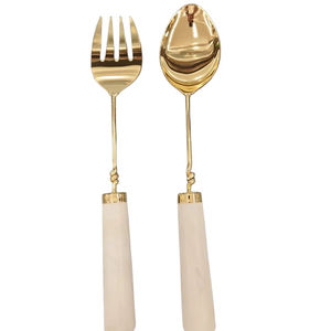 Ensemble de cuillères de service au design unique avec manche en résine, service à salade plaqué or, ensemble de couverts en acier inoxydable, ensemble de couverts de la famille royale - Product Image 1