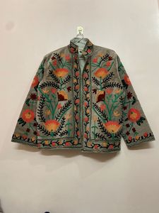 Indian Embroidery <b>Short</b> Boho White Velvet Suzani Embroidered <b>Short</b> <b>Jacket</b> Floral Suzani Bomber Women's <b>Jacket</b> - Product Image 3