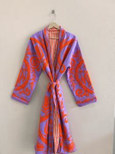Kimono largo de algodón con acabado morado y naranja, estilo bohemio étnico indio, hecho a mano con estampado floral, tres cuartos, para mujer. - Product Image 1