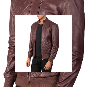 Blouson bomber en cuir PU matelassé bordeaux pour homme, col montant, fermeture éclair, manteau décontracté d'automne - Product Image 6