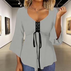 Offre Spéciale : Débardeur Élégant et Décontracté pour Femme, Col Rond, Manches Évasées à Lacets, Couleur Unie, Écoresponsable, Idéal pour les Soirées Estivales - Product Image 3