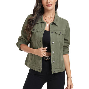 Streetwear Style Women's Olive Green Denim <b>Jacket</b> 100% Cotton Quick Dry Turn-Down Collar Button Closure Autumn Wear Denim <b>Jacket</b> - Product Image 1