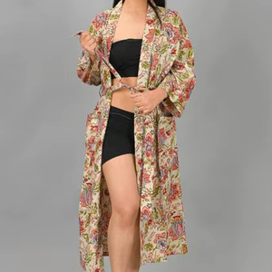 Albornoz de Lujo de Algodón Estampado Tejido para Verano, Kimono Boho para Mujer, Largo, con Cierre de Cordón, Túnica de Playa, Ropa de Dormir - Product Image 3