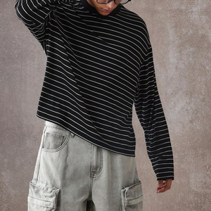 Men's Black Striped O-Neck Long Sleeve Knitted T-Shirt Casual Style Plain Cotton Boxy Fit <b>Stripped</b> T Shirts - Product Image 5