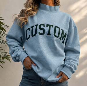 Women's Light Blue <b>Mock</b> <b>Neck</b> Sweatshirt Custom Letter Print Oversized Cotton Pullover Autumn Casual Streetwear <b>Top</b> - Product Image 1