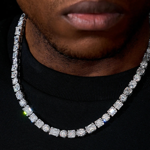 Men's Rhodium Plated 925 Silver Emerald Cut Moissanite <b>Tennis</b> <b>Necklace</b> Box Chain Luxury Everyday Wear - Product Image 1