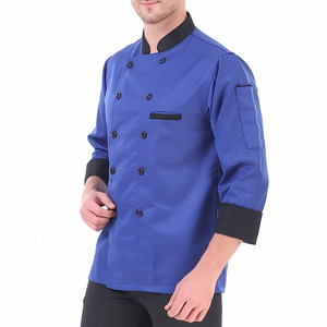 Veste de chef bleue pour homme, manches longues, polyester et coton tissé, uniforme pour restaurant et bar, fermeture à boutons, bordure noire - Product Image 2