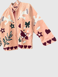 Veste matelassée rose brodée à la main avec des oiseaux et des fleurs, col mandarin, manches longues, vêtement d'automne pour femmes - Product Image 2