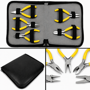 Jewelry <b>Pliers</b> <b>Set</b> Stainless Steel 5-Piece Tool Kit For DIY Jewelry Making With Yellow Handles And Black Straps - Product Image 4