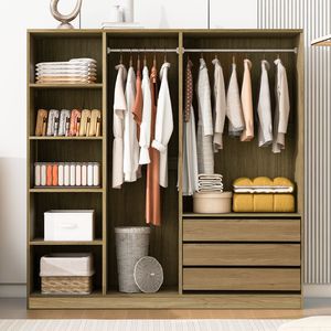 Nature-inspired Doorless Wooden <b>Storage</b> <b>Wardrobe</b> with Shelves and 3 Drawers for Bedroom - Product Image 1
