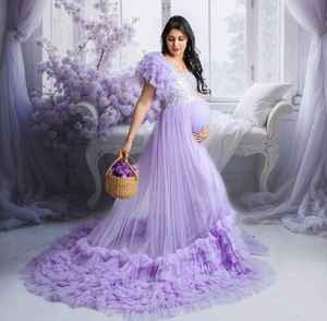 Vestido de Maternidad Largo de Tul Morado Sólido para Sesión de Fotos, Vestido de Maternidad para Fotografía de Embarazo, Talla Grande - Product Image 4