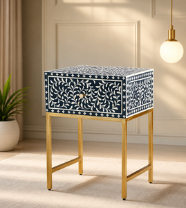 Modern Bone Inlay Wooden Adjustable Nightstand <b>Side</b> Table Bedside Cabinet <b>Drawer</b> Storage Accent Table for Bedroom - Product Image 2