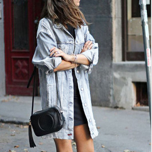 Veste longue en jean coupe ample bleu délavé col rabattu boutonnée décontractée unisexe OEM 2027 - Product Image 5