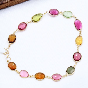 18k Yellow Gold Geometric Natural Multi Tourmaline <b>Gemstone</b> Chain <b>Bracelet</b> for Women Handmade Fine Jewelry Engagement Wedding - Product Image 4