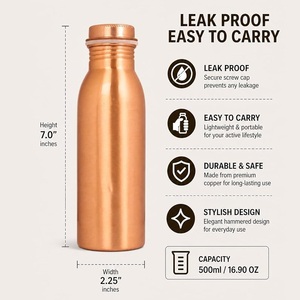 Sleek Pure Copper Water <b>Bottle</b> Plain Smooth Finish Metallic Hydration <b>Flask</b> with Luxury Gift Box Packaging - Product Image 2