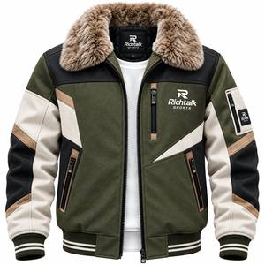 Blouson d'hiver pour homme, style bomber, avec blocs de couleur, col en fausse fourrure, fermeture éclair sur le devant, style sportif, épais, coupe-vent, en toile - Product Image 1