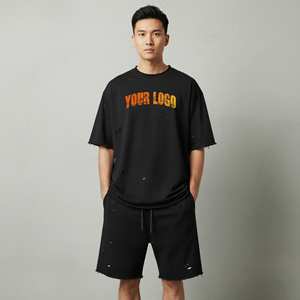 Conjunto de 2 piezas para hombre, estilo hip hop personalizado, corte holgado, desgastado, informal de verano, 100% algodón, transpirable, talla grande. - Product Image 1