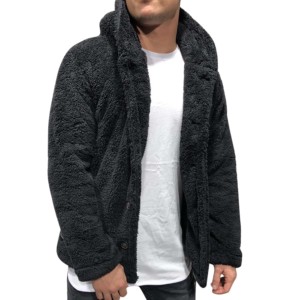 Chaqueta de Forro Polar Negra para Hombre, Cuello Chal, Corte Regular, Cierre de Botones, Abrigo Casual de Invierno, 100% Poliéster - Product Image 1