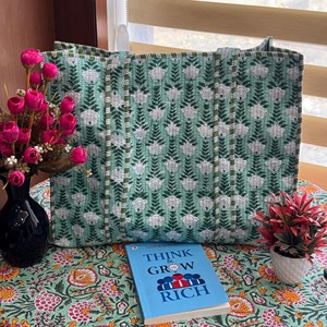 Hand Block Printed Cotton Tote Bag Women Bohemian Panelled Quilted Shopping Bag All Seasons Open Closure - Product Image 1