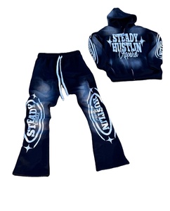 Fabricante personalizado lavado con ácido de dos piezas conjuntos de los hombres de la cremallera pantalones de chándal holgados Sun Faded Rhinestone Sudadera con capucha desgastada de talla grande - Product Image 1
