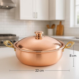 Casserole en cuivre artisanale, finition martelée, design vintage, forme ronde, diamètre 22 cm, avec couvercle, ustensile de cuisine en métal durable - Product Image 4