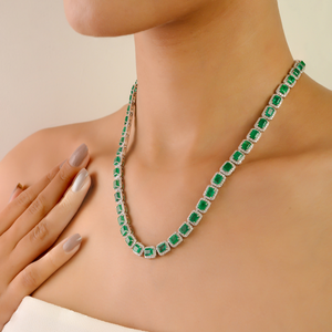 Collar de tenis con halo de esmeraldas zambianas y diamantes de alta calidad para bodas y fiestas, en oro blanco macizo de 14 quilates, joyería fina. - Product Image 4