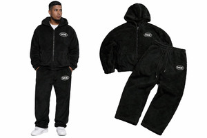 Conjuntos de chándal de forro polar Sherpa negro personalizados, sudadera con capucha y cremallera, pantalones jogger, chándal de forro polar afelpado unisex con cremallera, ropa de calle de invierno OEM - Product Image 2