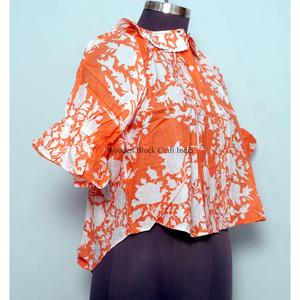 Elegante Blusa de Algodón 100% Tejida con Estampado Floral Vintage para Mujer, Ropa Casual de Verano, Estilo Denim con Estampado Digital y Manga Corta - Product Image 4