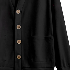 Women Winter Black Wool/Cashmere Chunky Knit <b>Cardigan</b> Oversized <b>Long</b> Sleeve <b>Sweater</b> Wooden Buttons Front Pockets Trendy Cozy - Product Image 3