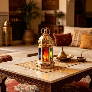 Imperial <b>Gold</b> Metal Moroccan <b>Lantern</b> with Multicolor Glass Panels Decorative Candle Holder for Ramadan Home Table Decor - Product Image 1